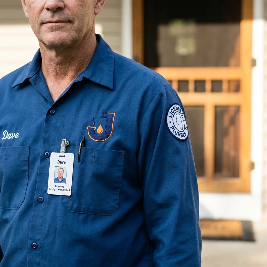 Licensed plumber showing ID badge in Jamestown, ND