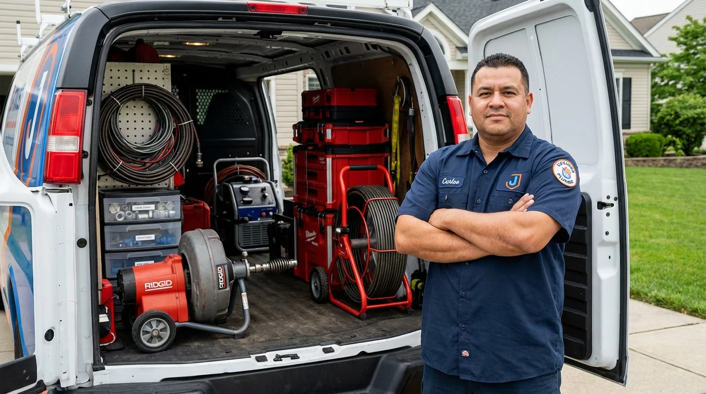 Professional drain cleaning equipment and Johns Plumbing LLC plumber in Jamestown
