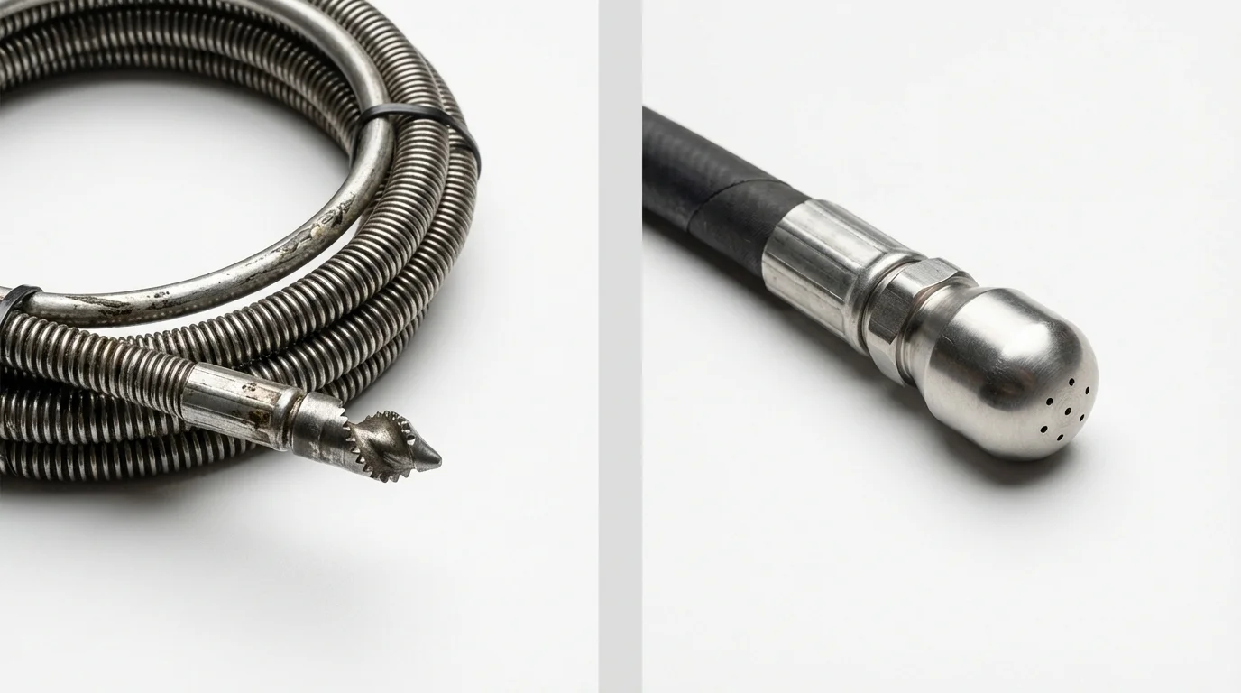 Drain snake cable and hydro jetting nozzle used for drain cleaning in Jamestown, ND