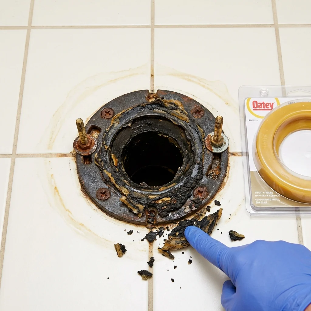 Failed wax ring showing water seepage at the base of a toilet in a Jamestown, ND home