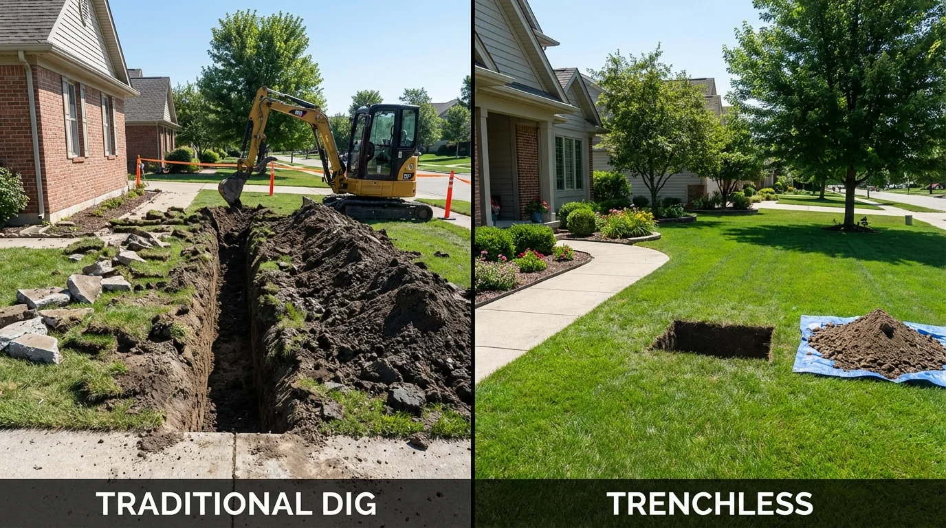 Trenchless sewer repair with minimal yard damage versus traditional excavation in Jamestown, ND