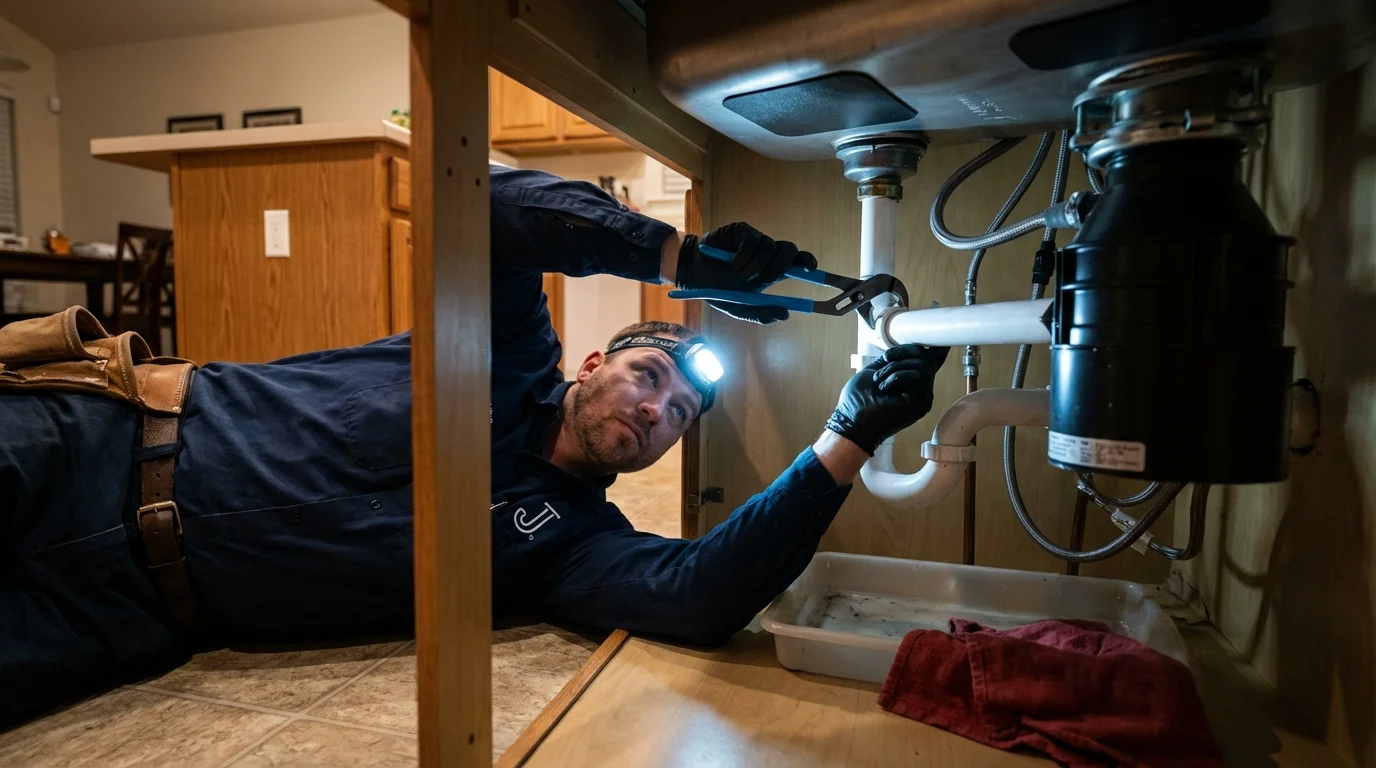 P-trap and supply line connections under a kitchen sink showing a common leak point in Jamestown, ND